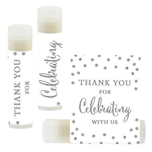 Thank You for Celebrating with US, Lip Balm Favors-Set of 12-Andaz Press-Faux Silver Glitter Print-