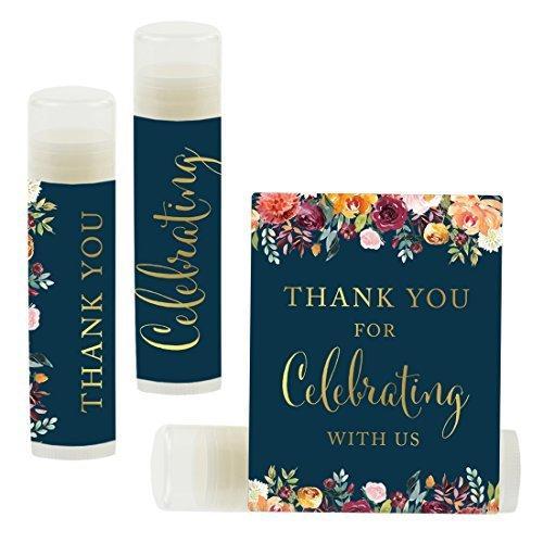 Thank You for Celebrating with US, Lip Balm Favors-Set of 12-Andaz Press-Metallic Gold Ink on Navy Blue with Burgundy Florals-