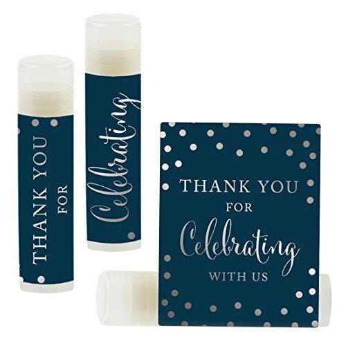 Thank You for Celebrating with US, Lip Balm Favors-Set of 12-Andaz Press-Metallic Silver Ink on Navy Blue-