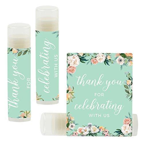 Thank You for Celebrating with US, Lip Balm Favors-Set of 12-Andaz Press-Peach Mint Green Floral Garden Party-