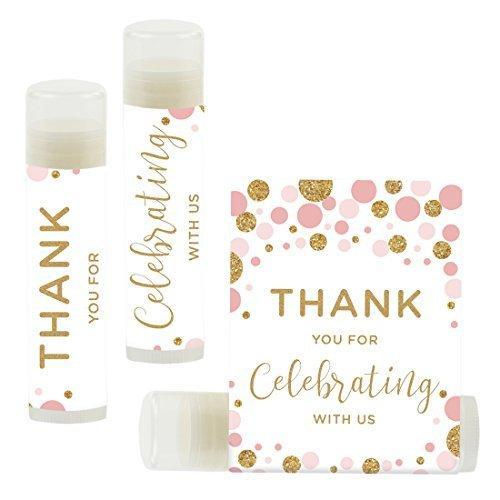 Thank You for Celebrating with US, Lip Balm Favors-Set of 12-Andaz Press-Pink Faux Gold Glitter Confetti Dots-