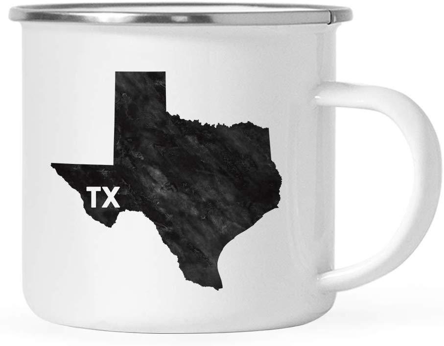 Andaz Press 11oz. US State Stainless Steel Campfire Coffee Mug Gift, Modern Black Grunge Abbreviation, Texas, 1-Pack, Metal Enamel Camping Camp Cup
