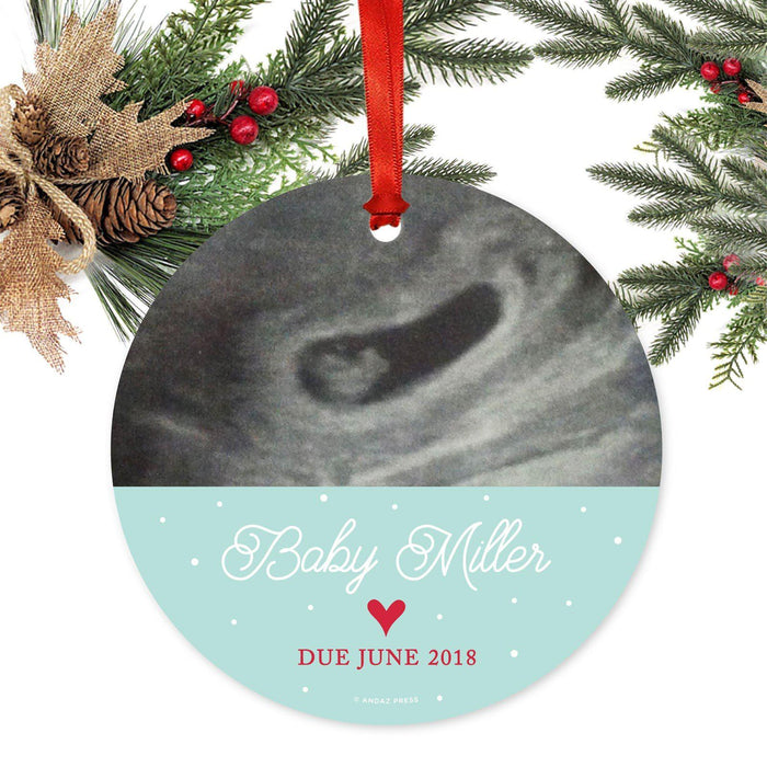 Ultrasound Photo Custom Pregnancy Round Metal Christmas Ornaments, Includes Ribbon and Gift Bag-Set of 1-Andaz Press-Ultrasound-