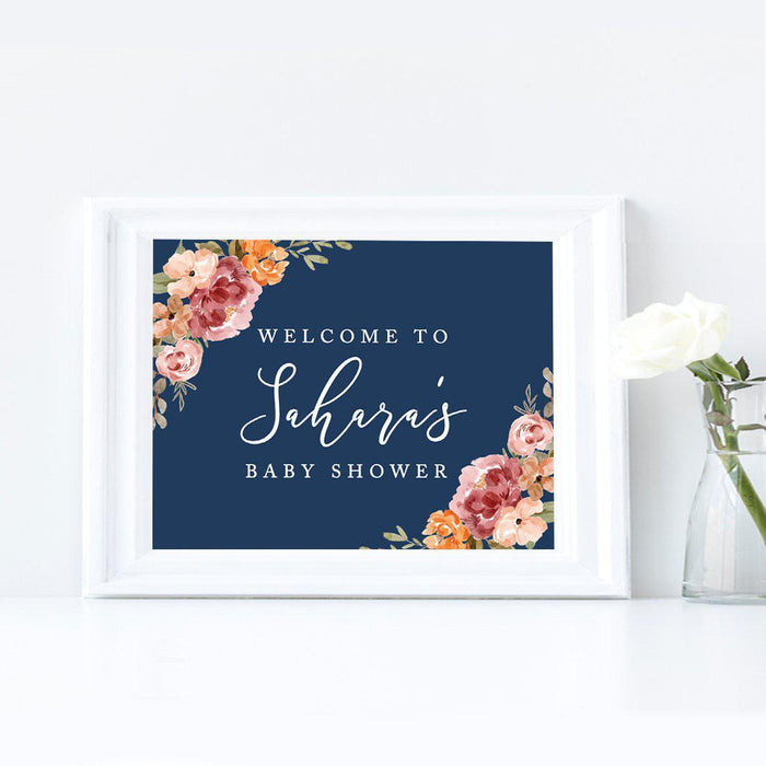 Unframed Navy Blue with Orange Pink Fall Watercolor Flowers Party Sign Baby Shower, Welcome To Custom Name-Set of 1-Andaz Press-Welcome Custom-