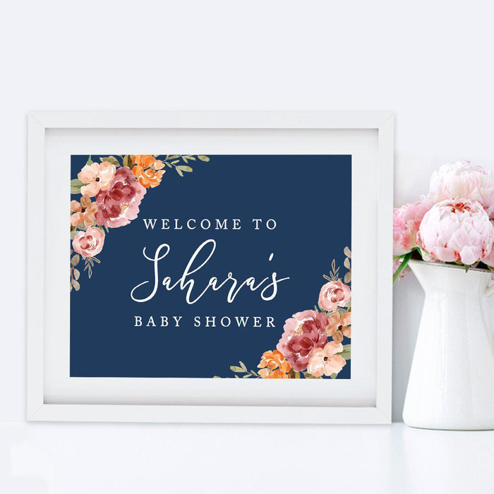 Unframed Navy Blue with Orange Pink Fall Watercolor Flowers Party Sign Baby Shower, Welcome To Custom Name-Set of 1-Andaz Press-Welcome Custom-