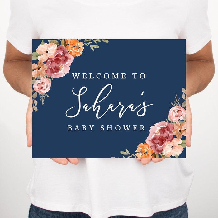 Unframed Navy Blue with Orange Pink Fall Watercolor Flowers Party Sign Baby Shower, Welcome To Custom Name-Set of 1-Andaz Press-Welcome Custom-