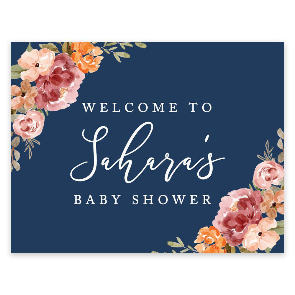 Unframed Navy Blue with Orange Pink Fall Watercolor Flowers Party Sign Baby Shower, Welcome To Custom Name-Set of 1-Andaz Press-Welcome Custom-