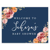 Unframed Navy Blue with Orange Pink Fall Watercolor Flowers Party Sign Baby Shower, Welcome To Custom Name-Set of 1-Andaz Press-Welcome Custom-