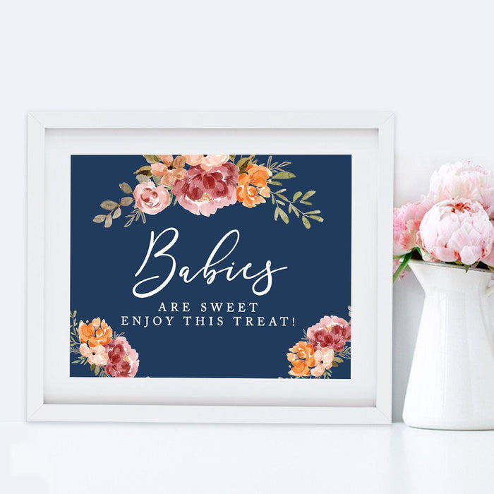 Unframed Navy Blue with Orange Pink Fall WatercolorFlowers Party Sign Baby Shower, Floral Bouquet Design-Set of 1-Andaz Press-Babies-