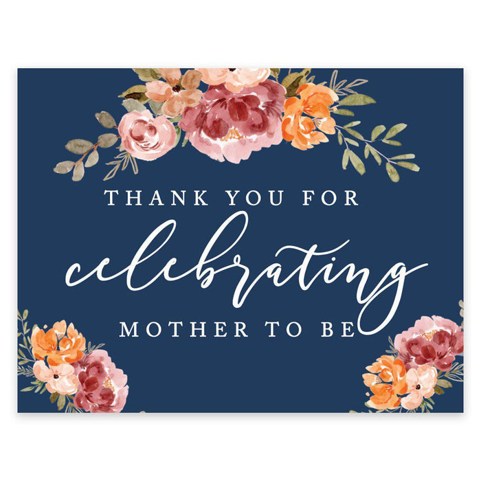 Unframed Navy Blue with Orange Pink Fall WatercolorFlowers Party Sign Baby Shower, Floral Bouquet Design-Set of 1-Andaz Press-Celebrating Mother To Be-