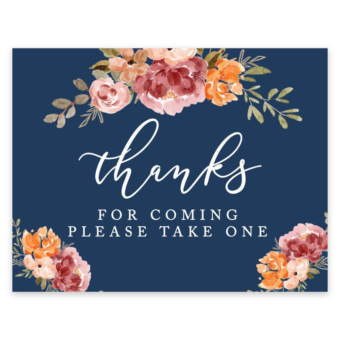 Unframed Navy Blue with Orange Pink Fall WatercolorFlowers Party Sign Baby Shower, Floral Bouquet Design-Set of 1-Andaz Press-Thanks For Coming-