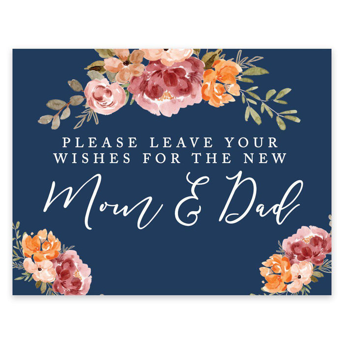 Unframed Navy Blue with Orange Pink Fall WatercolorFlowers Party Sign Baby Shower, Floral Bouquet Design-Set of 1-Andaz Press-The New Mom & Dad-