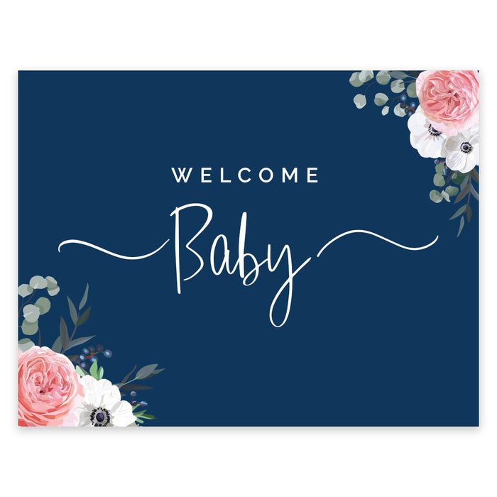 Unframed Winter Navy Blue with Eucalyptus Blossoms Party Sign Baby Shower, Floral Graphic Design-Set of 1-Andaz Press-Welcome-