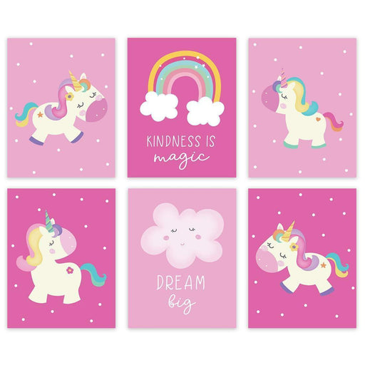 Unicorn Nursery Room Hanging Wall Art-Set of 6-Andaz Press-Pink Purple Rainbow Graphic, Believe in Magic, Dream Big-