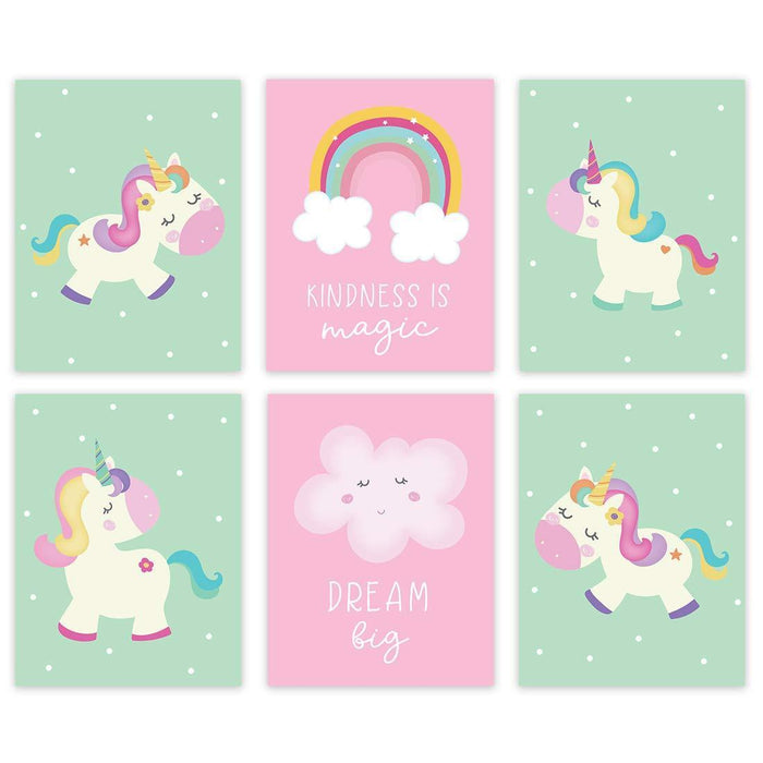 Unicorn Nursery Room Hanging Wall Art-Set of 6-Andaz Press-Pink Purple Rainbow Graphic, Believe in Magic, Dream Big-