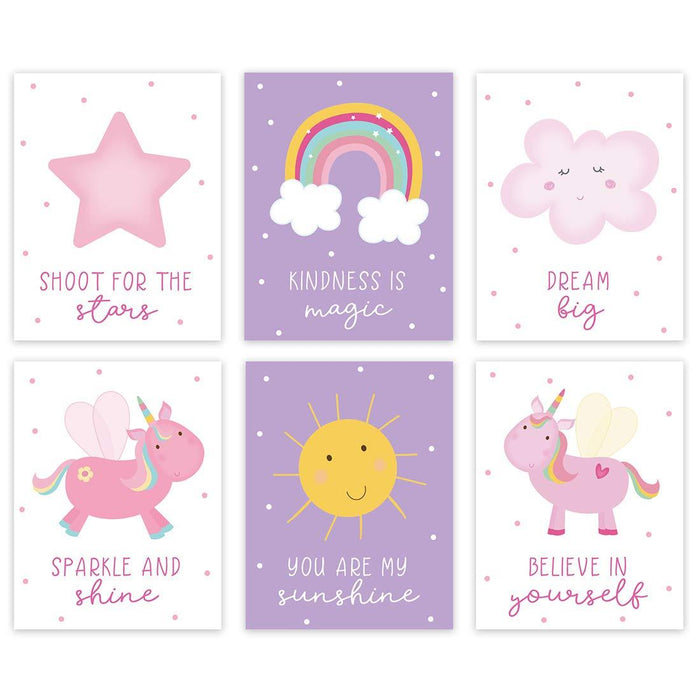 Unicorn Nursery Room Hanging Wall Art-Set of 6-Andaz Press-Pink Purple Rainbow Graphic, Believe in Magic, Dream Big-