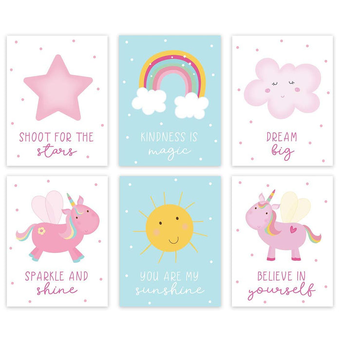 Unicorn Nursery Room Hanging Wall Art-Set of 6-Andaz Press-Pink Baby Blue, Shoot for The Stars, You are My Sunshine-