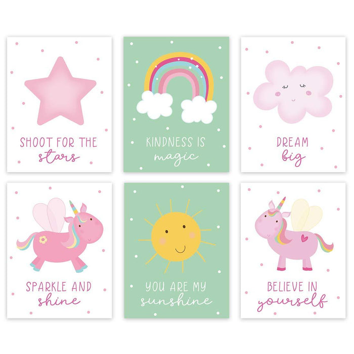 Unicorn Nursery Room Hanging Wall Art-Set of 6-Andaz Press-Pink Mint Green, Shoot for The Stars, You are My Sunshine-