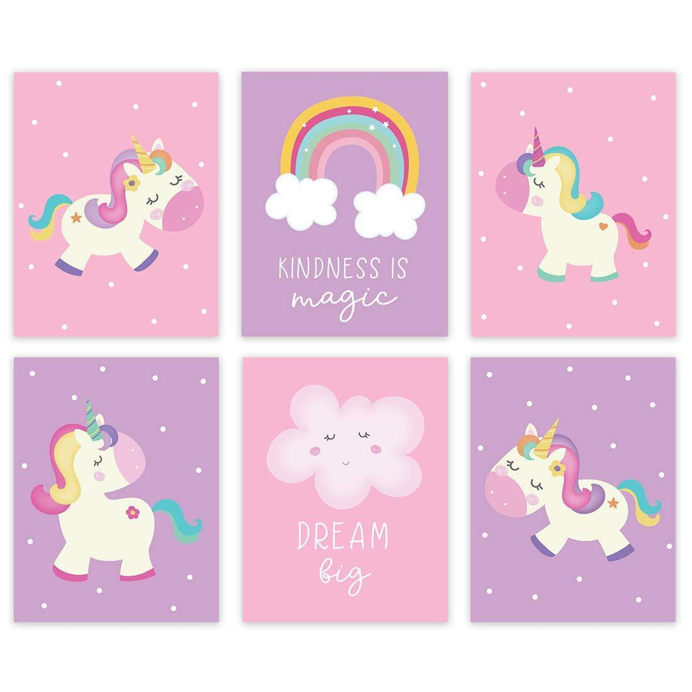 Unicorn Nursery Room Hanging Wall Art-Set of 6-Andaz Press-Pink Purple Rainbow Graphic, Believe in Magic, Dream Big-