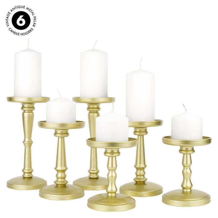 Vintage Antique Metal Pillar Candle Holders, Set of 6-Set of 6-Koyal Wholesale-Champagne Gold-