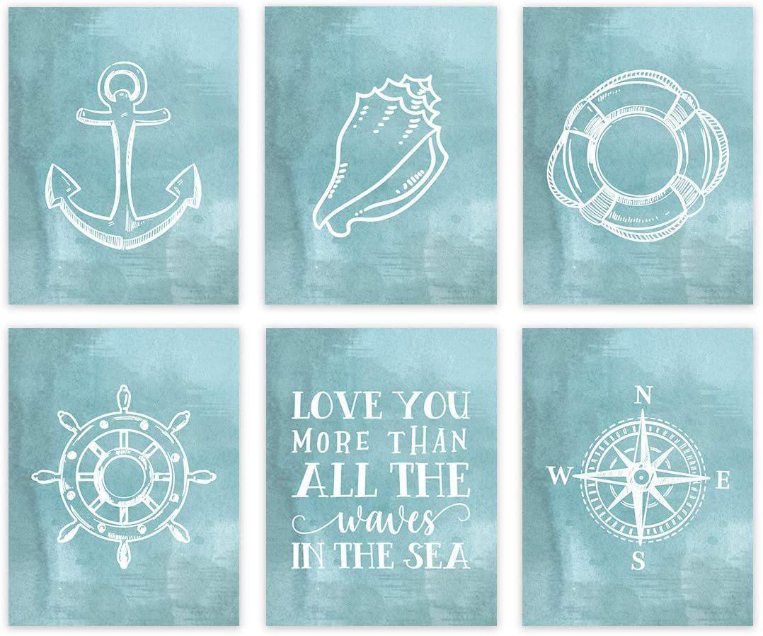 Watercolor Aqua Blue, Love You More Than All The Waves In The Sea, Hanging Wall Art-Set of 6-Andaz Press-