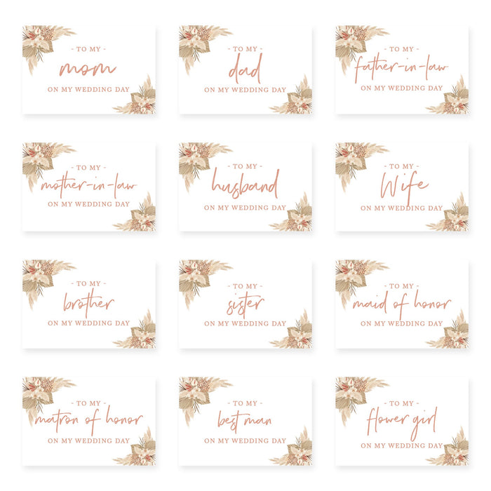 Wedding Day Gift Cards with Envelopes, To My Wife Husband Mom Dad Mother-In-Law Father-In-Law-Set of 12-Andaz Press-Boho Dried Florals-