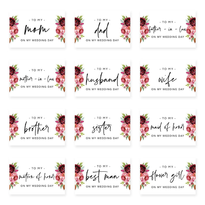 Wedding Day Gift Cards with Envelopes, To My Wife Husband Mom Dad Mother-In-Law Father-In-Law-Set of 12-Andaz Press-Burgundy Peonies-
