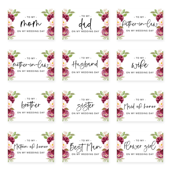 Wedding Day Gift Cards with Envelopes, To My Wife Husband Mom Dad Mother-In-Law Father-In-Law-Set of 12-Andaz Press-Burgundy Pink Roses-