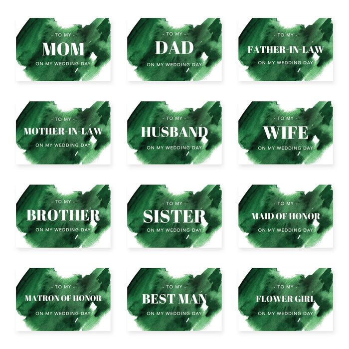 Wedding Day Gift Cards with Envelopes, To My Wife Husband Mom Dad Mother-In-Law Father-In-Law-Set of 12-Andaz Press-Emerald Green Brushstroke-