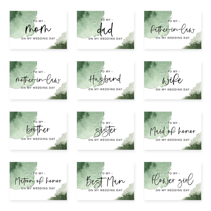 Wedding Day Gift Cards with Envelopes, To My Wife Husband Mom Dad Mother-In-Law Father-In-Law-Set of 12-Andaz Press-Emerald Green Watercolor-