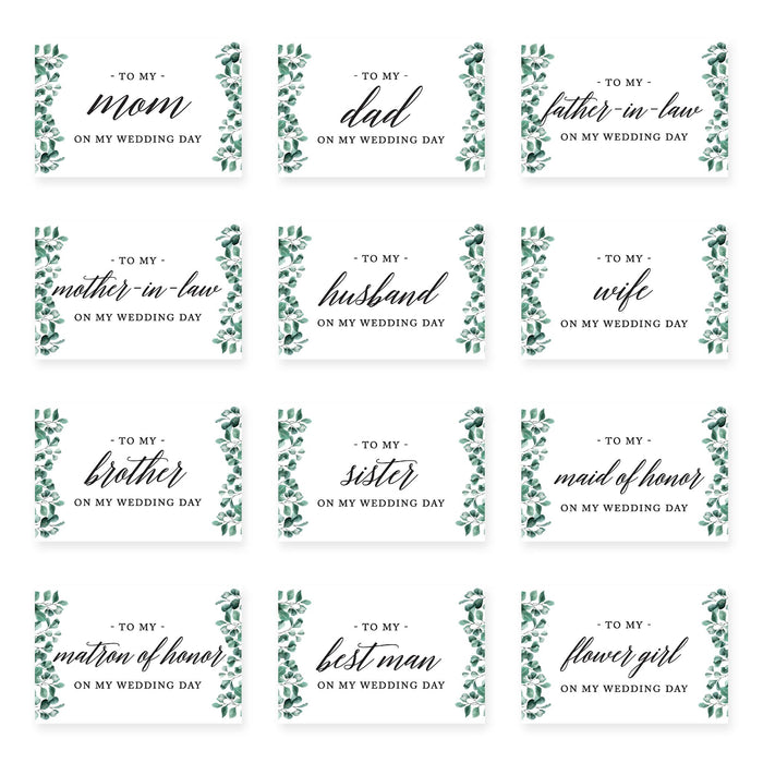 Wedding Day Gift Cards with Envelopes, To My Wife Husband Mom Dad Mother-In-Law Father-In-Law-Set of 12-Andaz Press-Frosted Green Leaves-