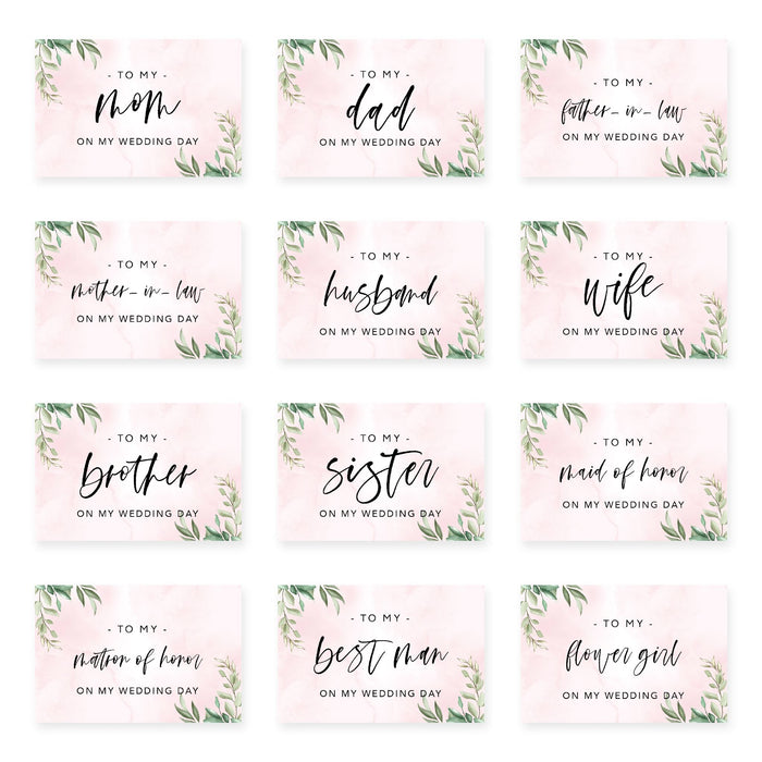 Wedding Day Gift Cards with Envelopes, To My Wife Husband Mom Dad Mother-In-Law Father-In-Law-Set of 12-Andaz Press-Greenery Leaves 1-