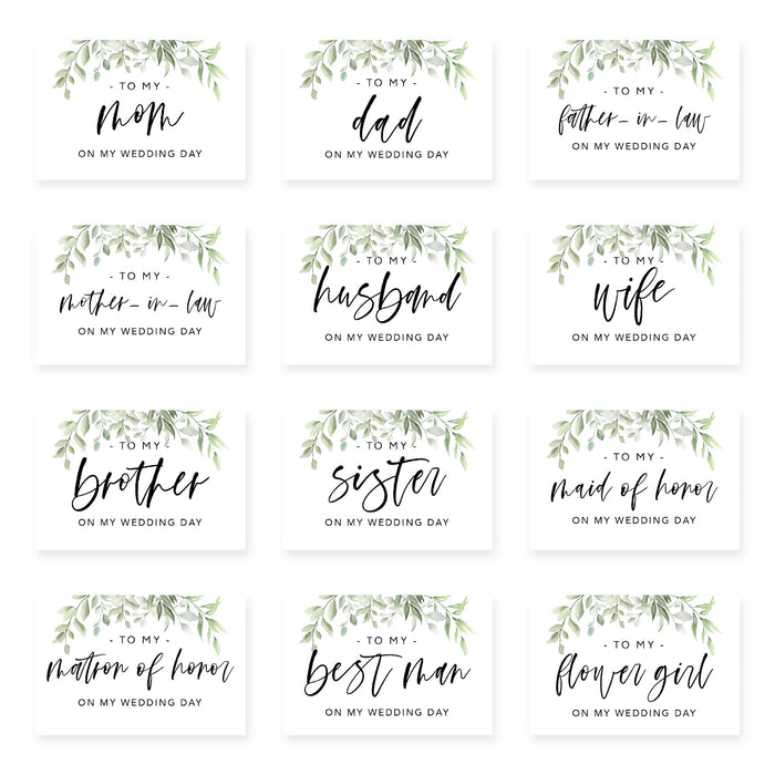 Wedding Day Gift Cards with Envelopes, To My Wife Husband Mom Dad Mother-In-Law Father-In-Law-Set of 12-Andaz Press-Greenery Leaves-