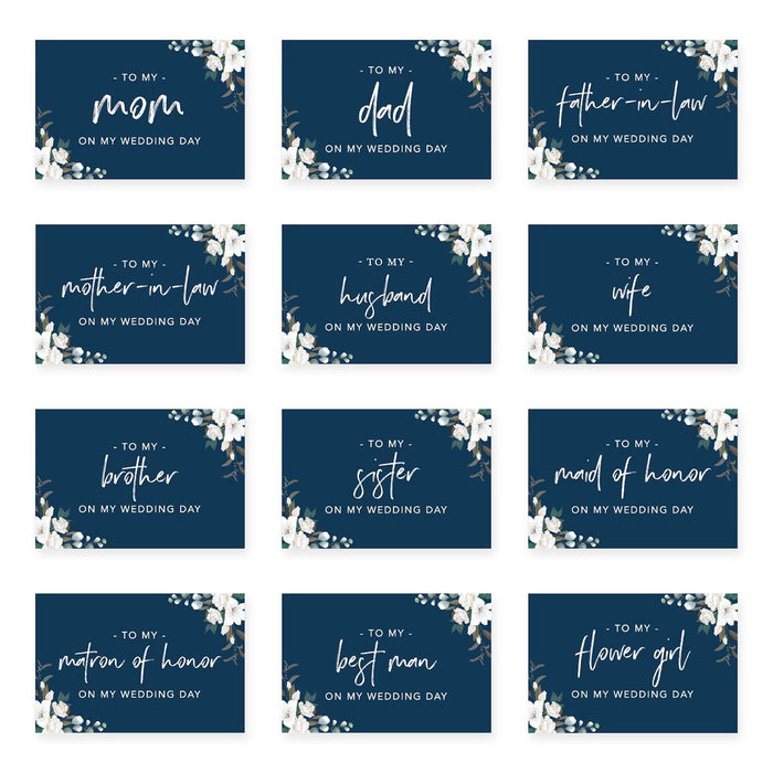 Wedding Day Gift Cards with Envelopes, To My Wife Husband Mom Dad Mother-In-Law Father-In-Law-Set of 12-Andaz Press-Navy Blue White Florals-