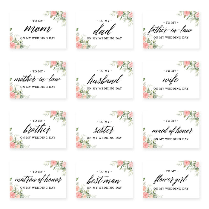 Wedding Day Gift Cards with Envelopes, To My Wife Husband Mom Dad Mother-In-Law Father-In-Law-Set of 12-Andaz Press-Peach Pink Roses-
