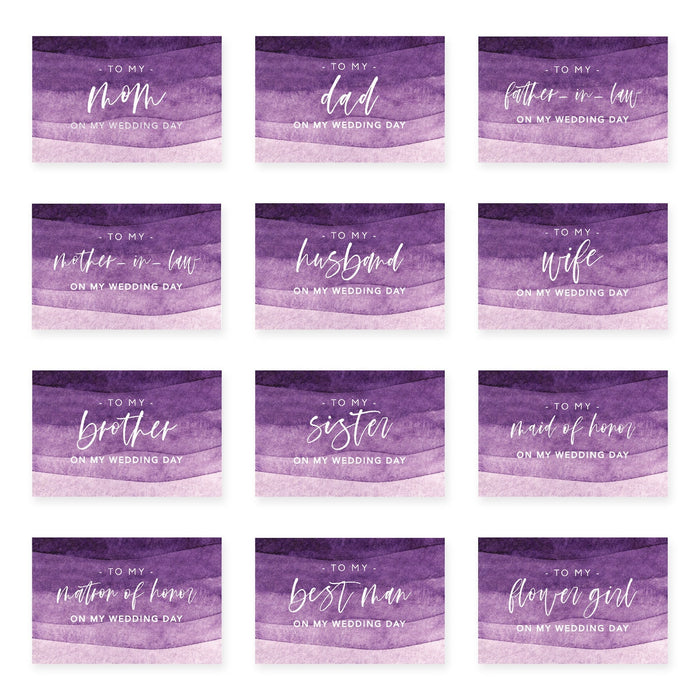 Wedding Day Gift Cards with Envelopes, To My Wife Husband Mom Dad Mother-In-Law Father-In-Law-Set of 12-Andaz Press-Purple Ombre Watercolor-