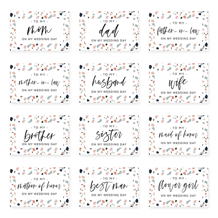 Wedding Day Gift Cards with Envelopes, To My Wife Husband Mom Dad Mother-In-Law Father-In-Law-Set of 12-Andaz Press-Terrazzo-