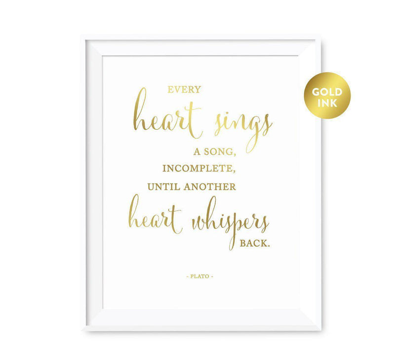Wedding Love Quote Wall Art, Metallic Gold Ink Print-Set of 1-Andaz Press-Every heart sings a song...Plato-