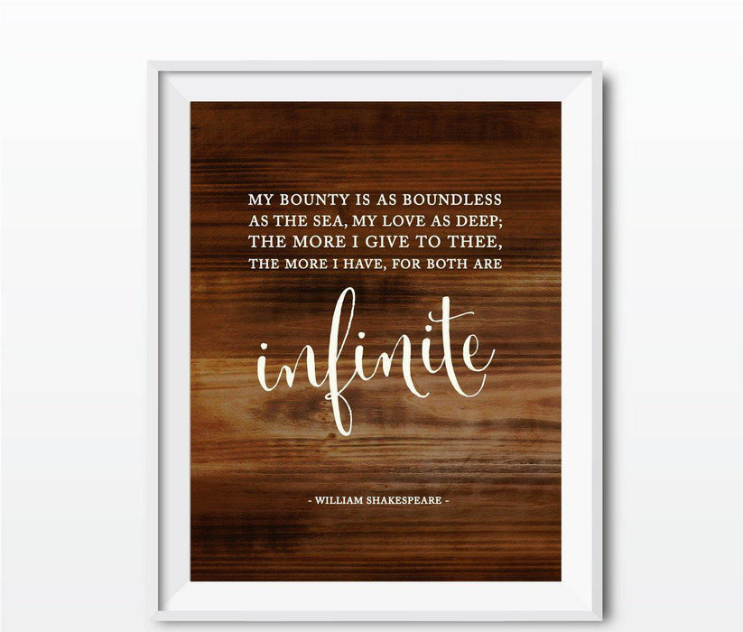 Wedding Love Quote Wall Art, Rustic Wood Poster Prints-Set of 1-Andaz Press-My bounty is as boundless as the sea. Shakespeare-