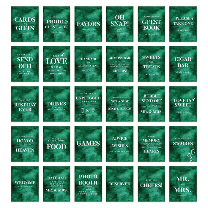 Wedding Signs Bundle Set for Ceremony, Reception Decor Signage, 8.5 x 11"-Set of 30-Andaz Press-Emerald Green Watercolor-