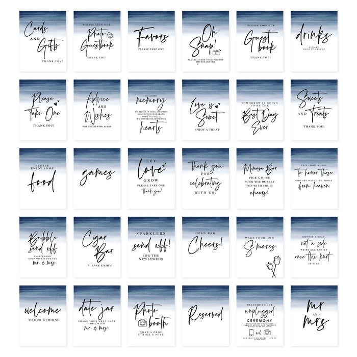 Wedding Signs Bundle Set for Ceremony, Reception Decor Signage, 8.5 x 11"-Set of 30-Andaz Press-Navy Blue Ombre Watercolor-