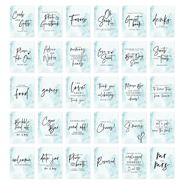 Wedding Signs Bundle Set for Ceremony, Reception Decor Signage, 8.5 x 11"-Set of 30-Andaz Press-Teal Watercolor-