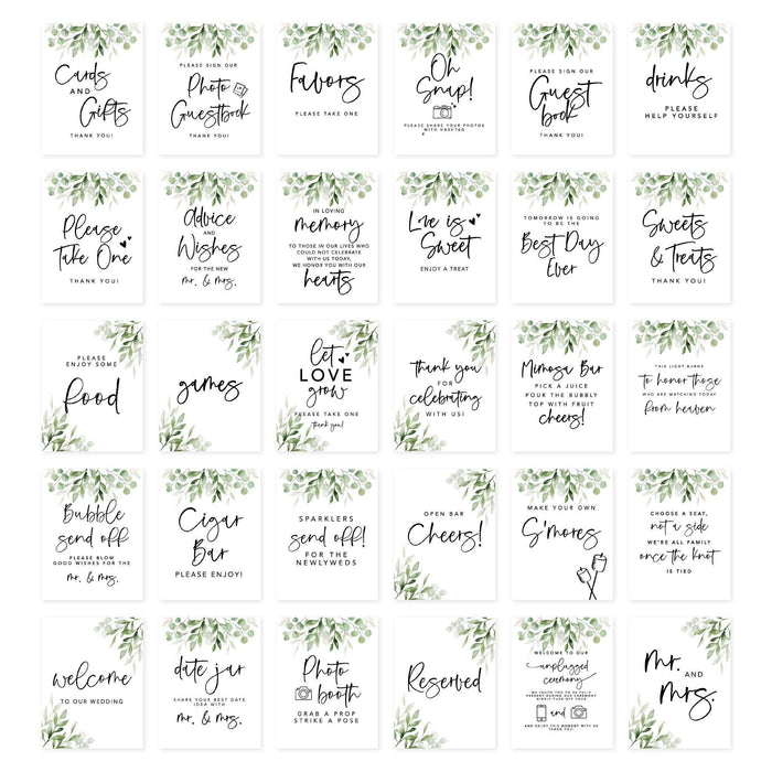Wedding Signs Bundle Set for Ceremony, Reception Decor Signage-Set of 30-Andaz Press-Eucalyptus Leaves-