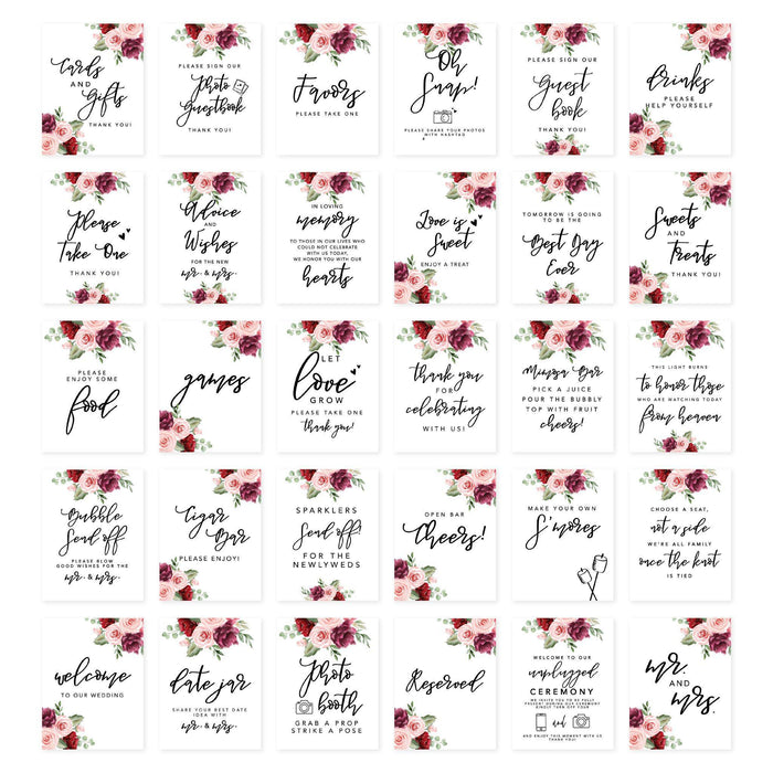 Wedding Signs Bundle Set for Ceremony, Reception Decor Signage-Set of 30-Andaz Press-Pink and Burgundy Roses-