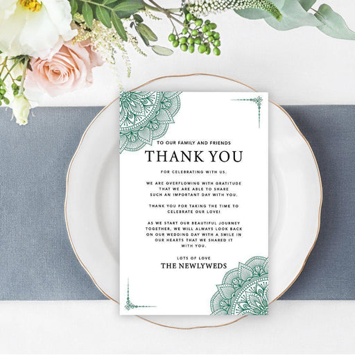 Wedding Thank You Place Setting Cards for Table Reception, Design 2-Set of 56-Andaz Press-Dark Green Elegant Ornate-