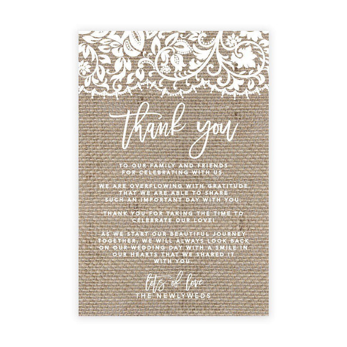 Wedding Thank You Place Setting Cards for Table Reception, Wedding Decoration Seating Design 1-Set of 56-Andaz Press-Rustic Burlap and Lace-