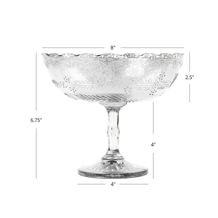 Wide Antique Glass Compote Bowl Pedestal Flower Bowl Centerpiece-Set of 1-Koyal Wholesale-Silver-8" D x 6.75" H-