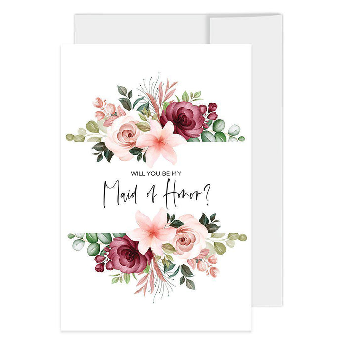 Will You Be My Bridesmaid Proposal Cards with Envelopes-Set of 16-Andaz Press-Pink Burgundy Florals Design-