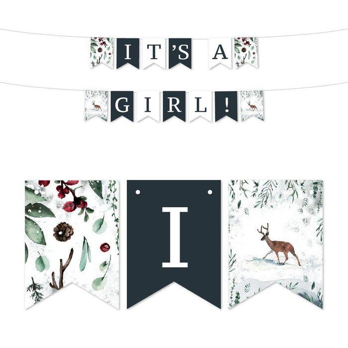 Winter Snowy Woodland Forest Watercolor Baby Shower Collection, Hanging Pennant Banner with String-Set of 1-Andaz Press-Baby Shower-