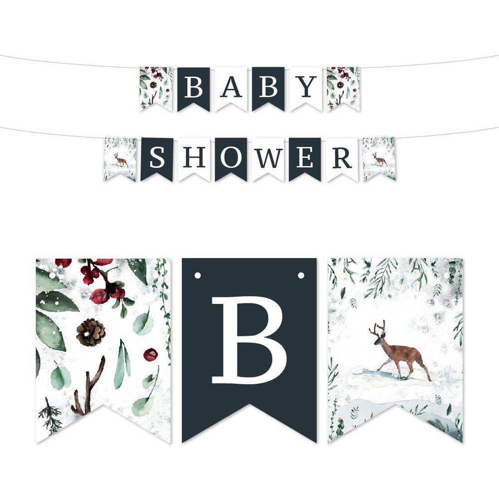 Winter Snowy Woodland Forest Watercolor Baby Shower Collection, Hanging Pennant Banner with String-Set of 1-Andaz Press-Baby Shower-